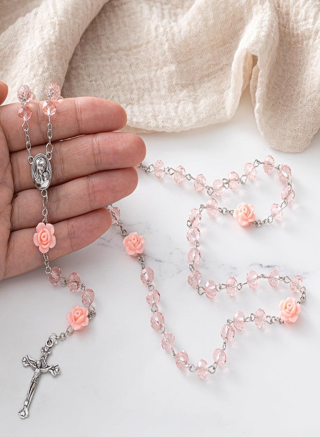 ROCEEI 12 Pcs Catholic Rosary Beads Necklace for Women Crystal Beads Flowers Necklace Rosaries Prayer Gifts with Organza Bags for First Communion Confirmation Christmas Baptism Favors (Pink) - Image 4